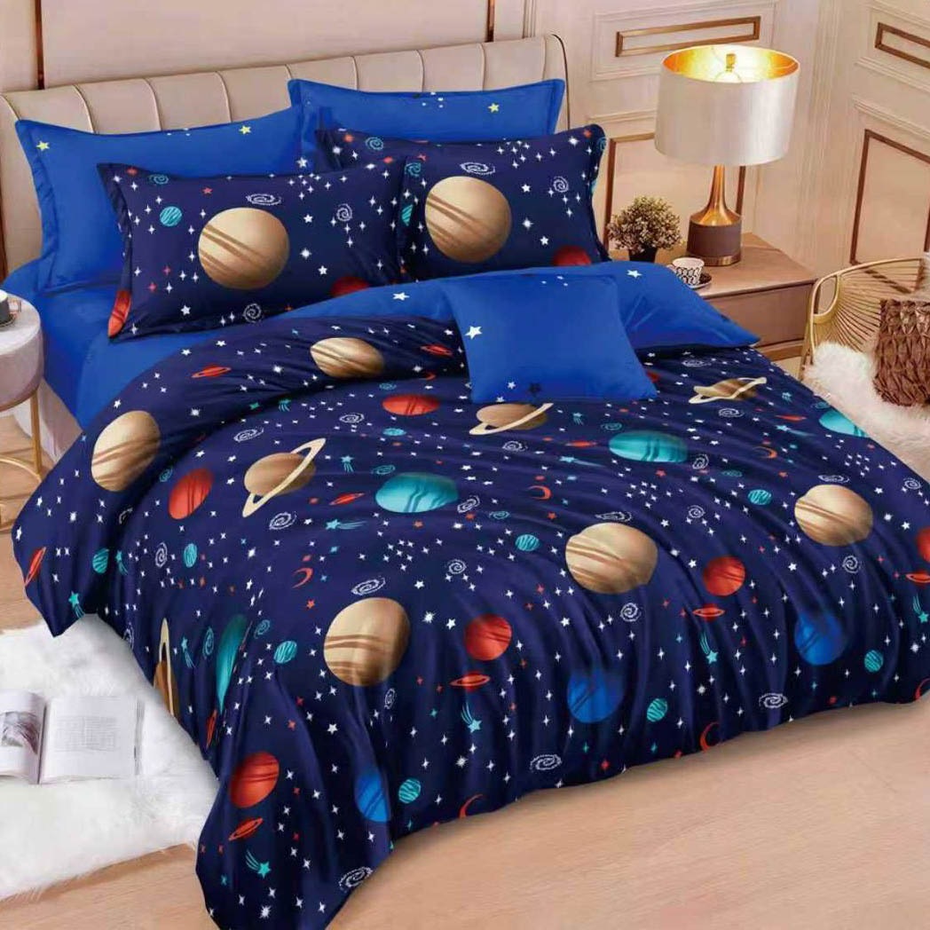 Lenjerie pat dublu cu ELASTIC, Finet, 6 piese, Albastru, planete, stele