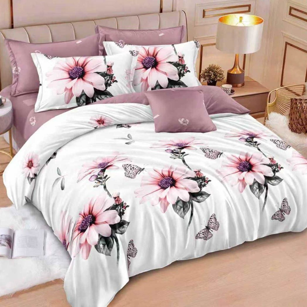 Lenjerie pat dublu cu ELASTIC, Finet, 6 piese, Alb, Grena, flori