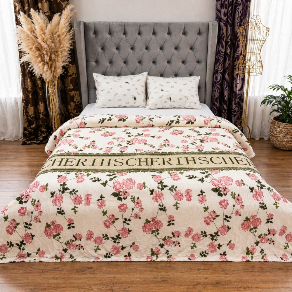 Patura pufoasa cocolino 200x230cm, 240g/mp, Alb, flori roz