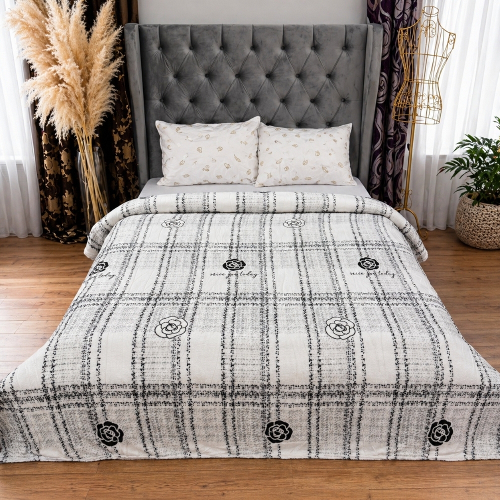 Patura pufoasa cocolino 200x230cm, 240g/mp, Gri, Alb, dungi, trandafiri