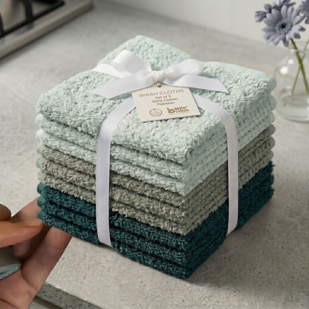 Set 9 prosoape mici 30x30cm, din 100% bumbac pakistanez,  350g, Rice, Verde