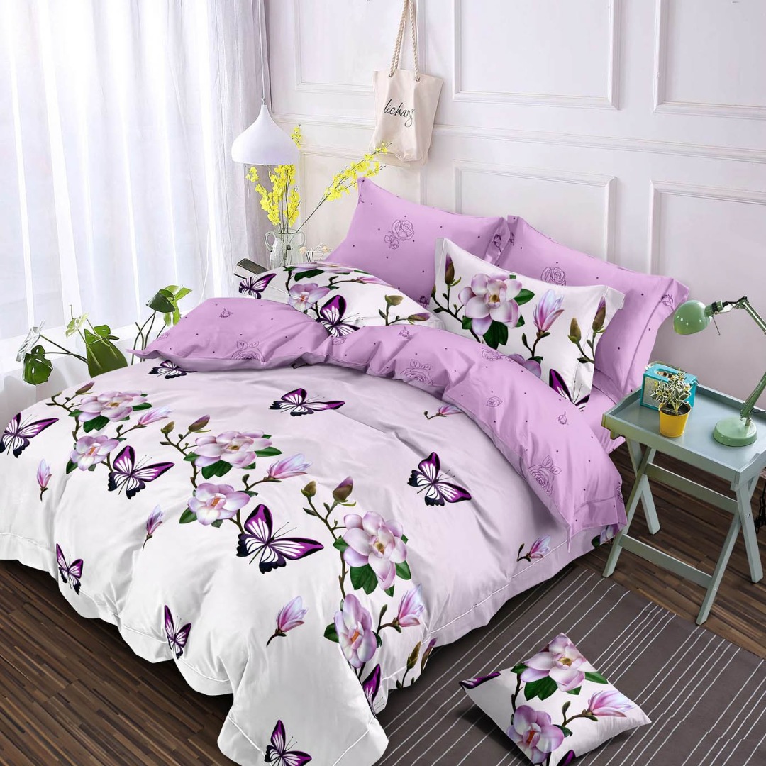 Lenjerie pat dublu, Finet, 6 piese, Mov degrade, flori