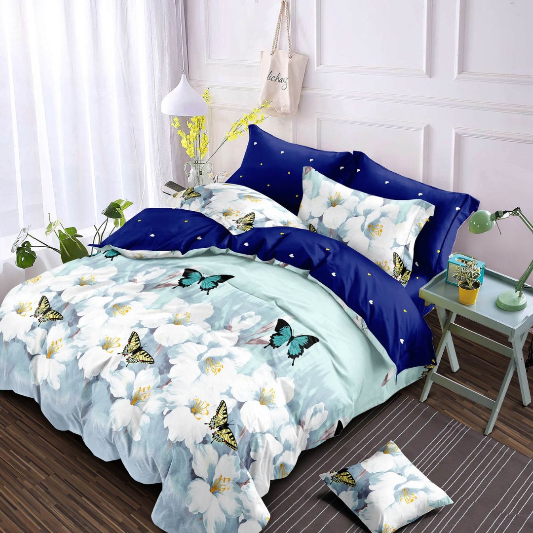 Lenjerie pat dublu, Finet, 6 piese, Albastru, Bleu, fluturi
