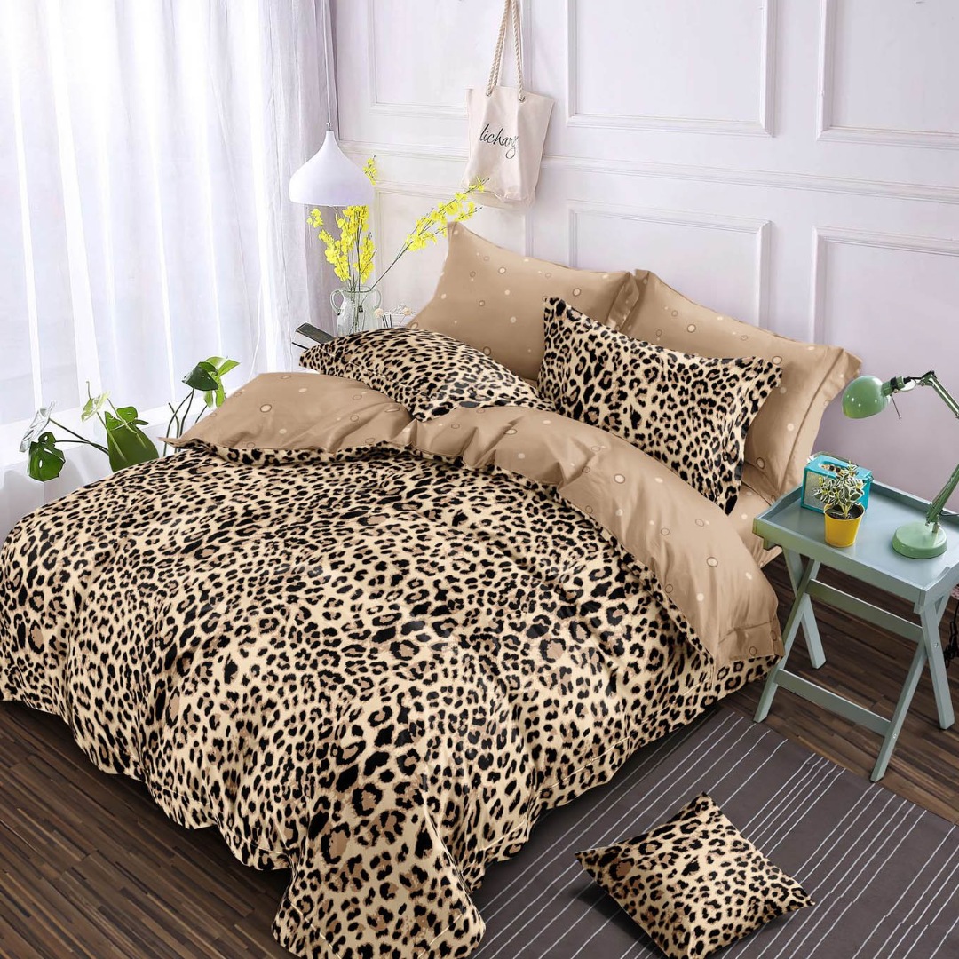 Lenjerie pat dublu, Finet, 6 piese, Maro, animal print