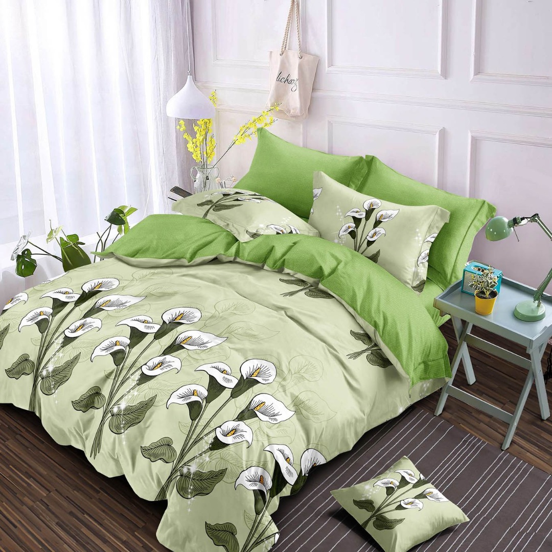 Lenjerie pat dublu, Finet, 6 piese, Verde, flori albe