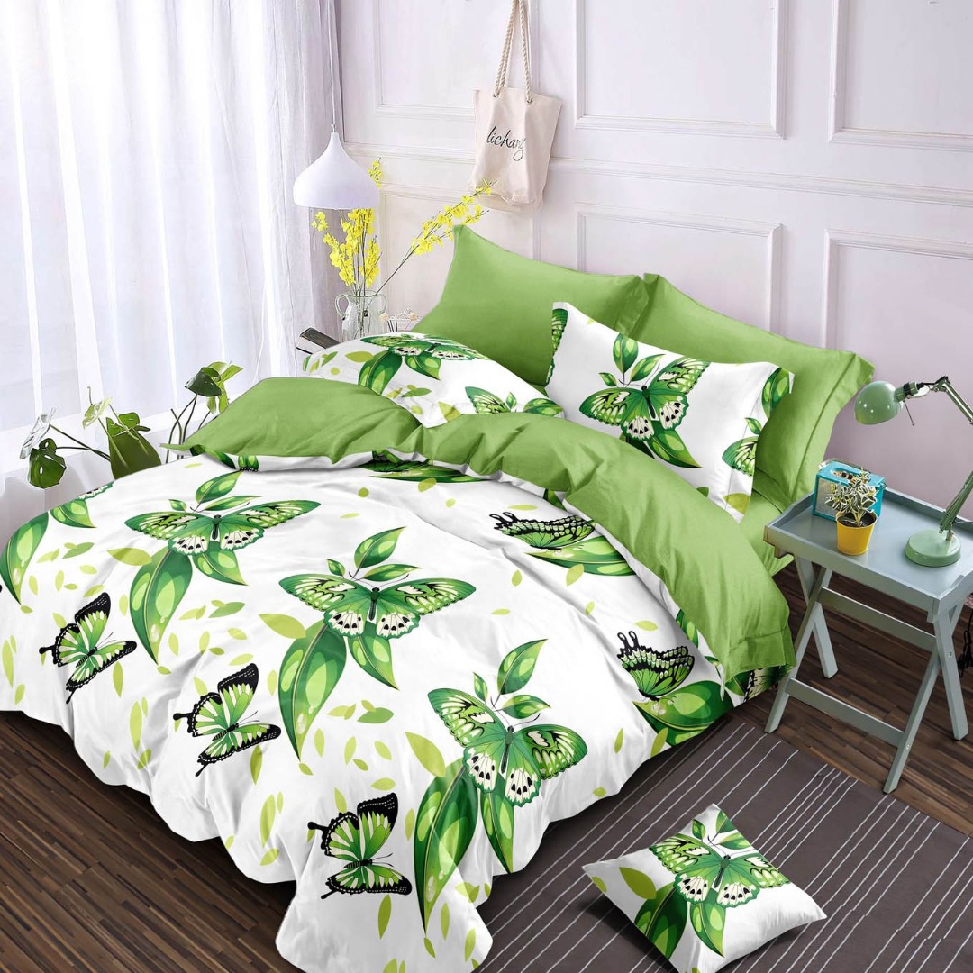 Lenjerie pat dublu, Finet, 6 piese, Alb, Verde, fluturi