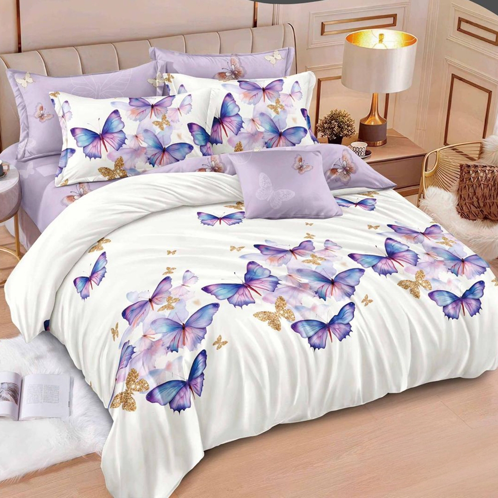 Lenjerie pat dublu cu ELASTIC, Finet, 6 piese, Crem, Roz, fluturi