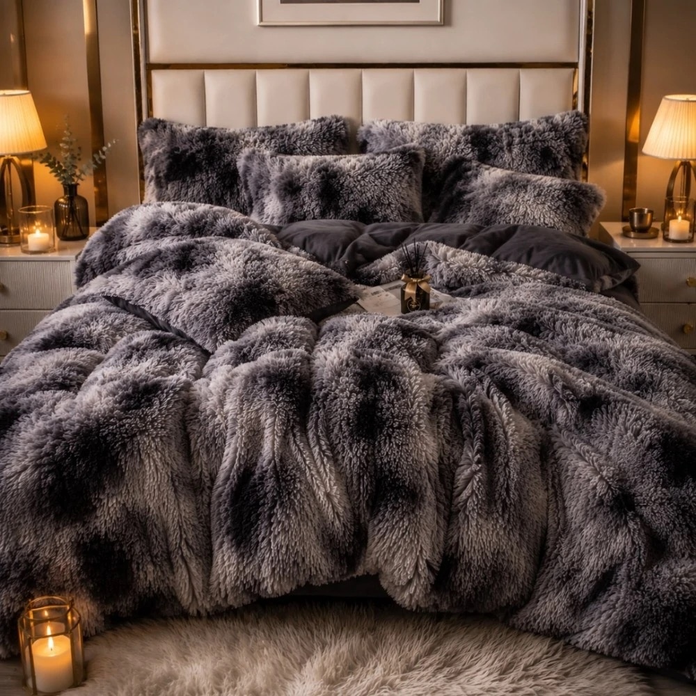 Lenjerie pat super pufoasa COCOLINO Fluffy 4 piese, Antracit, degrade