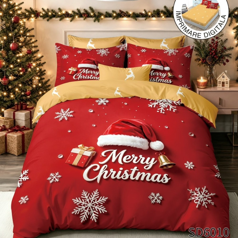 Lenjerie pat dublu, FINET, Imprimeu Digital 5D - Identic cu poza, Cu ELASTIC, 6 piese, Rosu, Bej, Merry Christmas