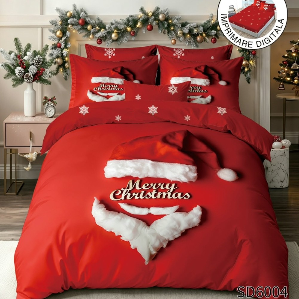 Lenjerie pat dublu, FINET, Imprimeu Digital 5D - Identic cu poza, Cu ELASTIC, 6 piese, Rosu, Merry Christmas