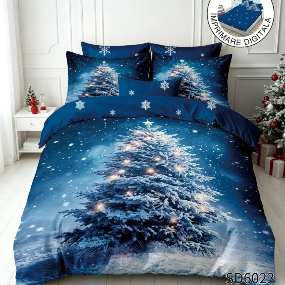 Lenjerie pat dublu, FINET, Imprimeu Digital 5D - Identic cu poza, Cu ELASTIC, 6 piese, Albastru, Brad