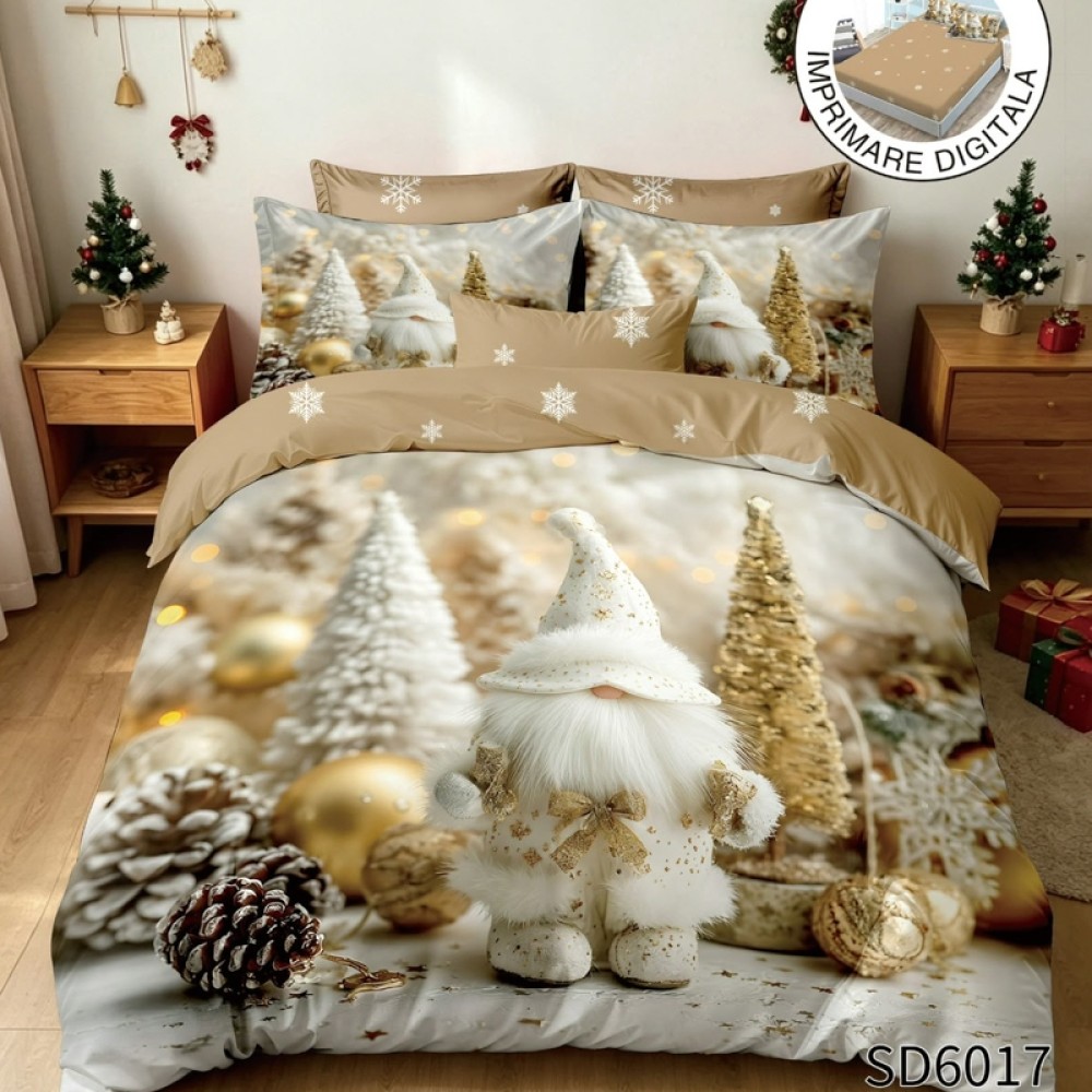 Lenjerie pat dublu, FINET, Imprimeu Digital 5D - Identic cu poza, Cu ELASTIC, 6 piese, Alb, Bej, Decoratiuni de Craciun