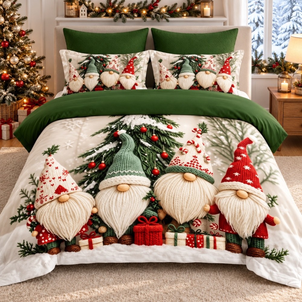 Lenjerie pat dublu, Bumbac Finet Satinat, 6 piese, Alb, Verde, Gnomi