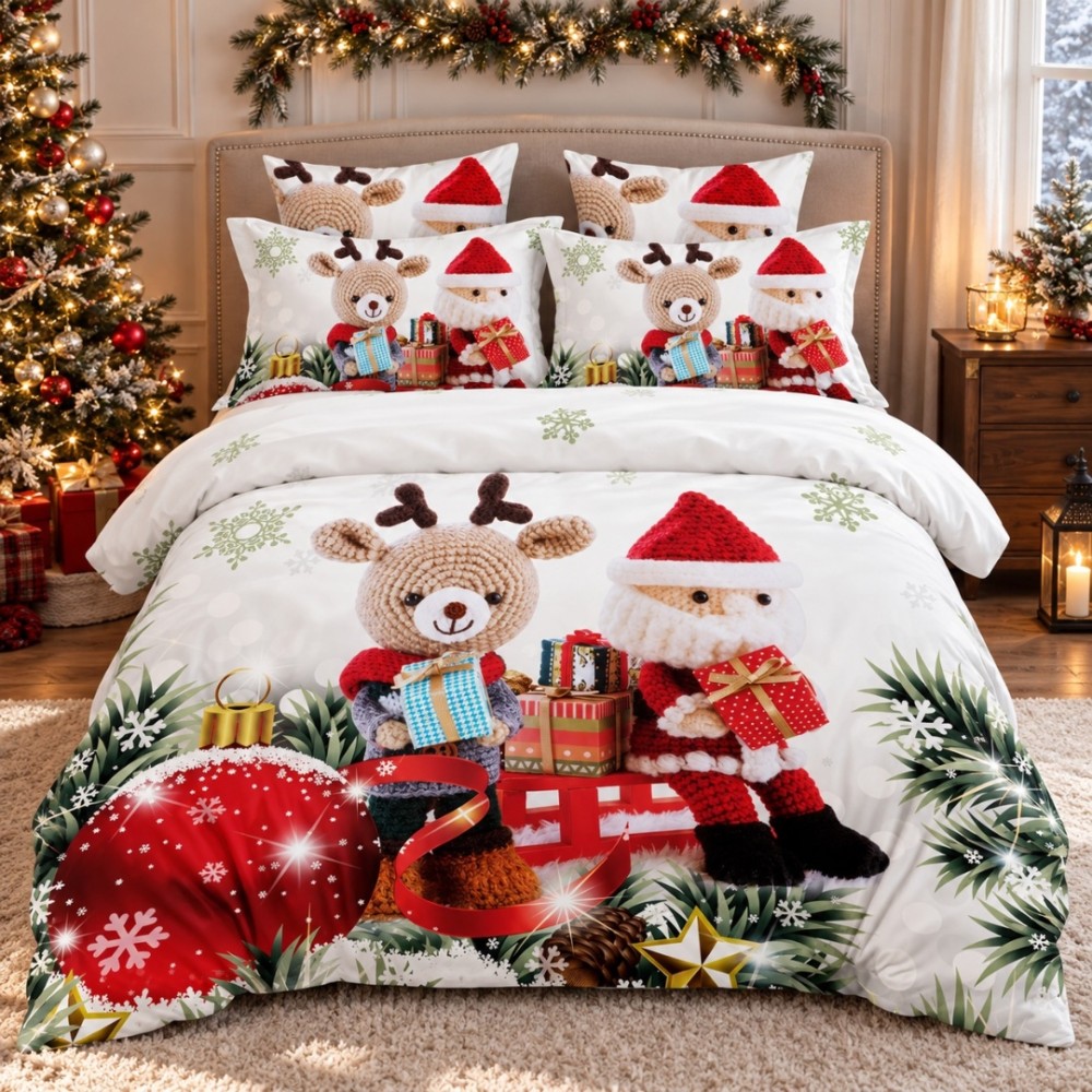 Lenjerie pat dublu, Bumbac Finet Satinat, 6 piese, Alb, Rosu, Decoratiuni de Craciun