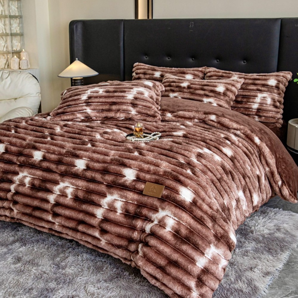 Lenjerie Deluxe, Jojo Home, 4 Piese, Blanita Shorthair si CoCoLiNo, cu Elastic Perimetral, Alb, Maro, degrade