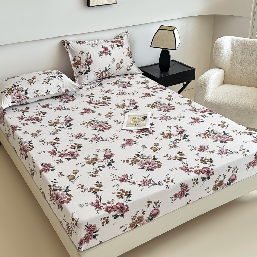 Cearsaf cu elastic, Bumbac FINET, 160/180x200cm, 2 fete de perne 50x70cm, Jojo Home, Alb, Mov, Flori