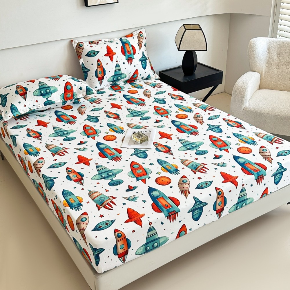 Cearsaf cu elastic, Bumbac FINET, 160/180x200cm, 2 fete de perne 50x70cm, Jojo Home, Alb, Rachete