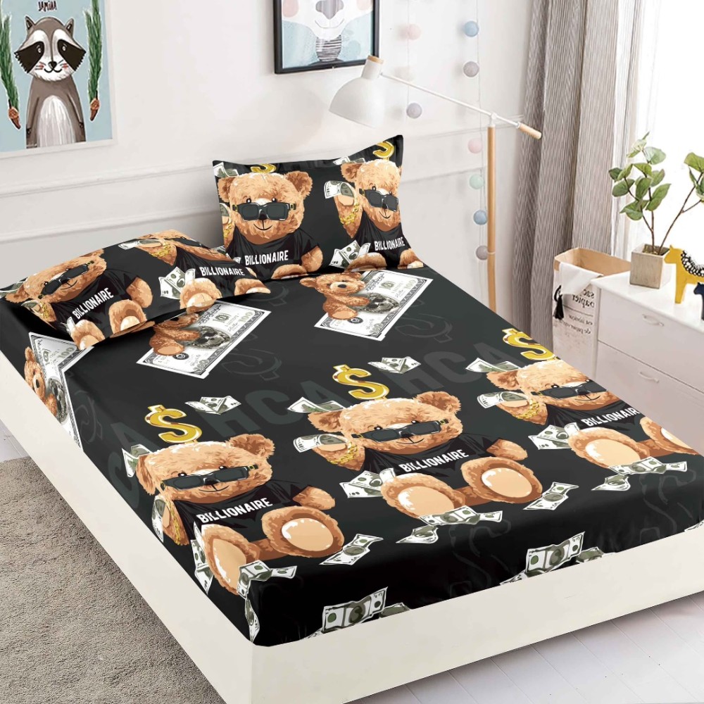 Cearsaf cu elastic, Bumbac FINET, 160/180x200cm, 2 fete de perne 50x70cm, Jojo Home, Negru, Ursuleti