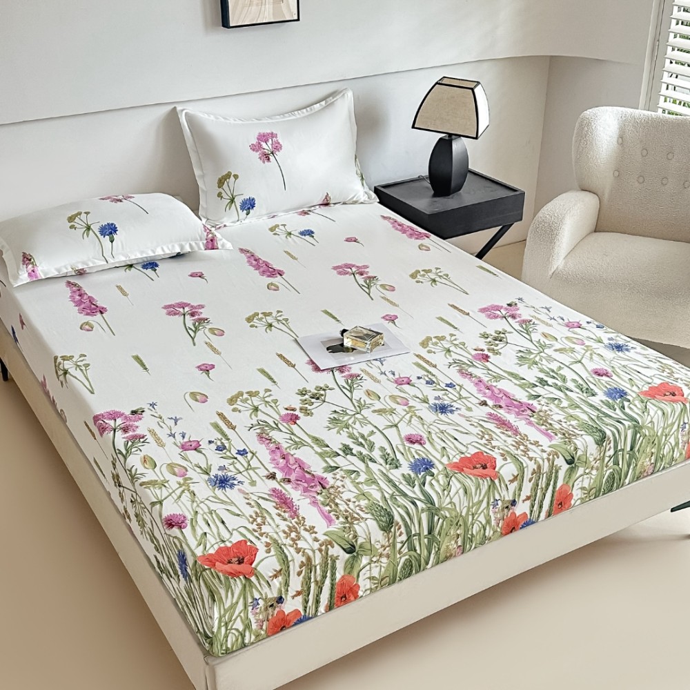 Cearsaf cu elastic, Bumbac FINET, 160/180x200cm, 2 fete de perne 50x70cm, Jojo Home, Alb, Verde, Flori