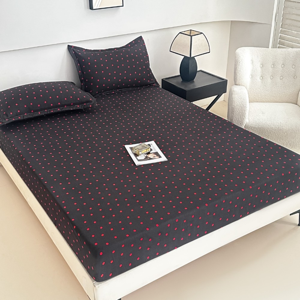 Cearsaf cu elastic, Bumbac FINET, 160/180x200cm, 2 fete de perne 50x70cm, Jojo Home, Negru, Buline