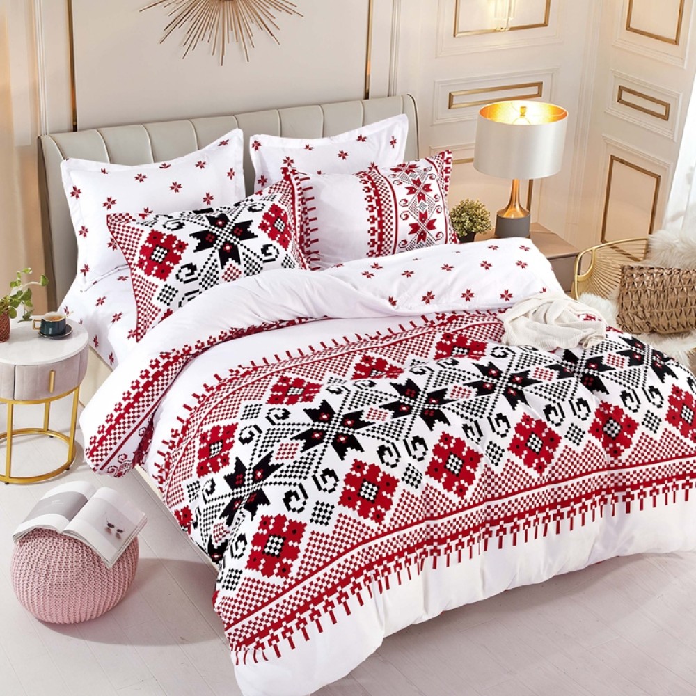 Lenjerie pat dublu,  FINET, 6 piese, cu ELASTIC, Jojo Home, Alb, Rosu, Model Traditional