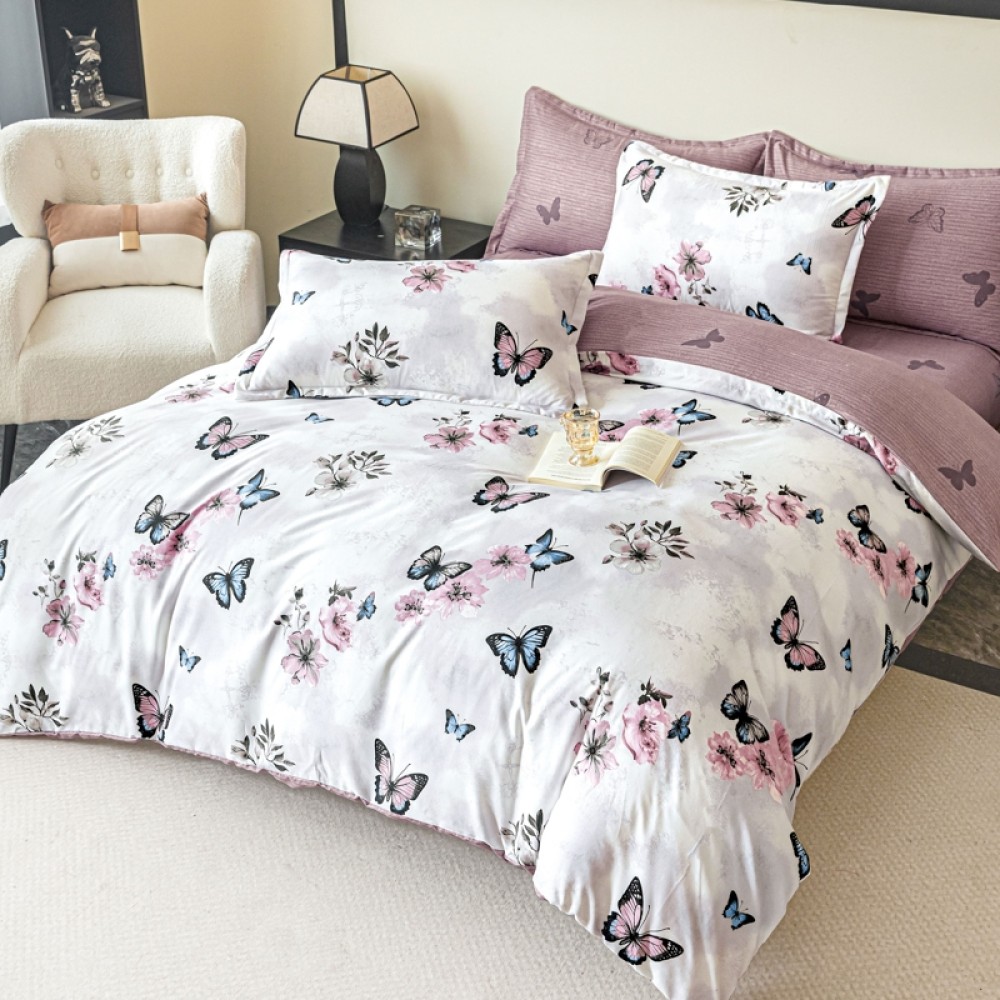 Lenjerie pat dublu,  FINET, 6 piese, cu ELASTIC, Jojo Home, Gri, Mov, Fluturi