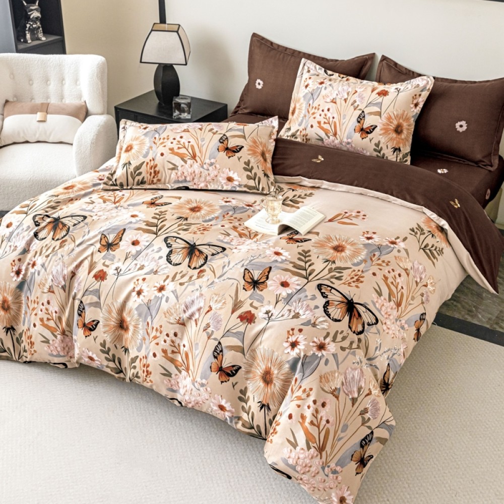 Lenjerie pat dublu,  FINET, 6 piese, cu ELASTIC, Jojo Home, Bej, Maro, Fluturi si Flori