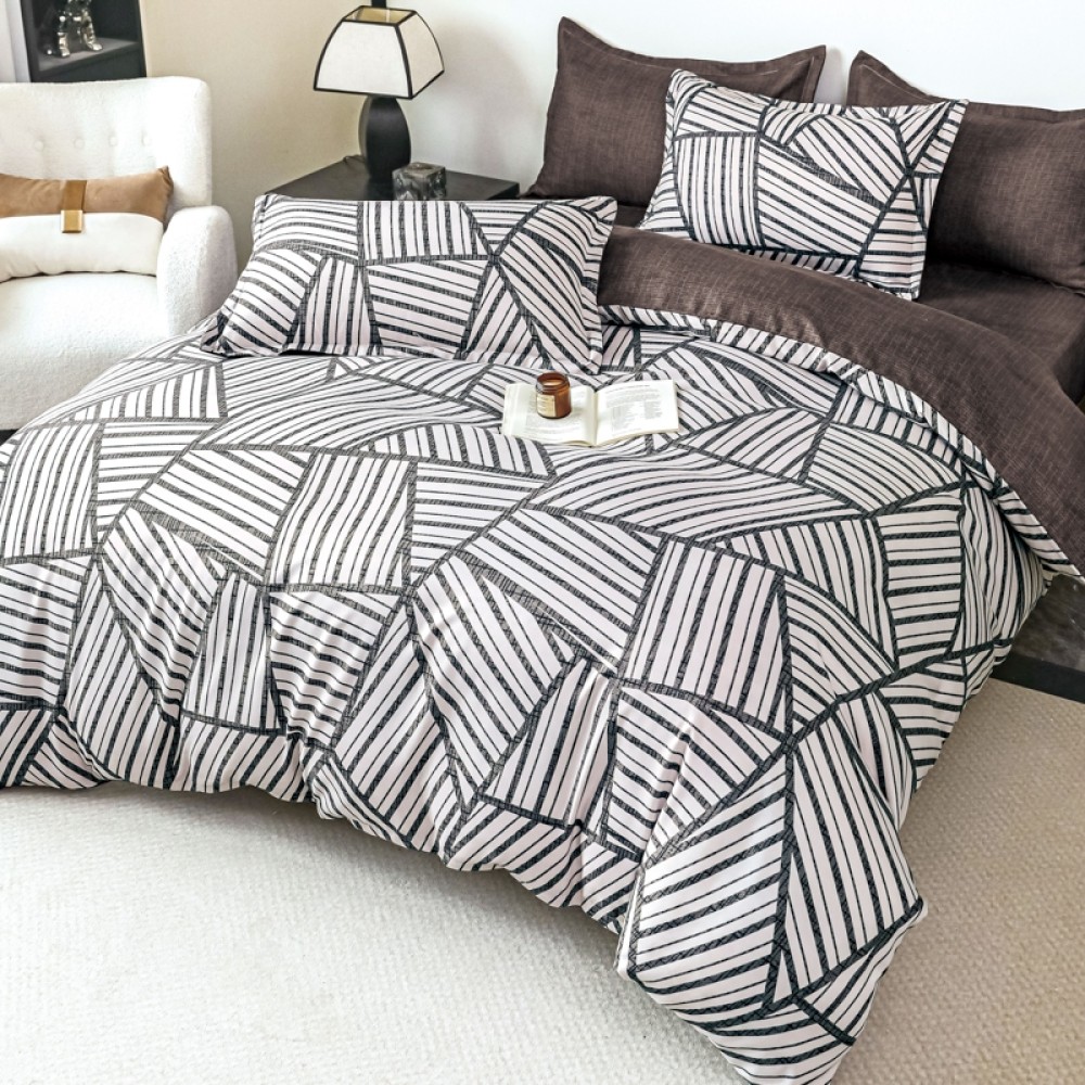 Lenjerie pat dublu,  FINET, 6 piese, cu ELASTIC, Jojo Home, Alb, Gri, Maro, Forme Geometrice