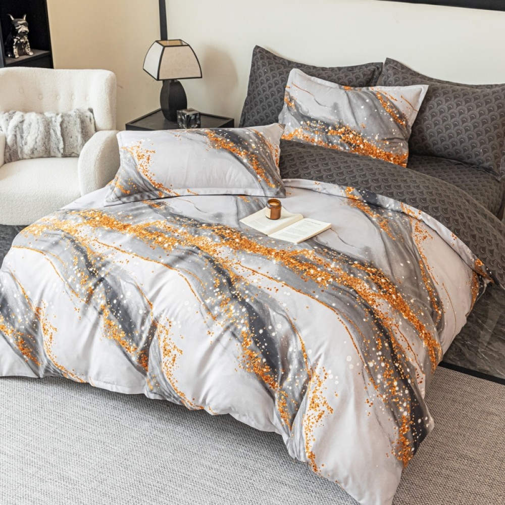 Lenjerie pat dublu,  FINET, 6 piese, cu ELASTIC, Jojo Home, Gri, Marble