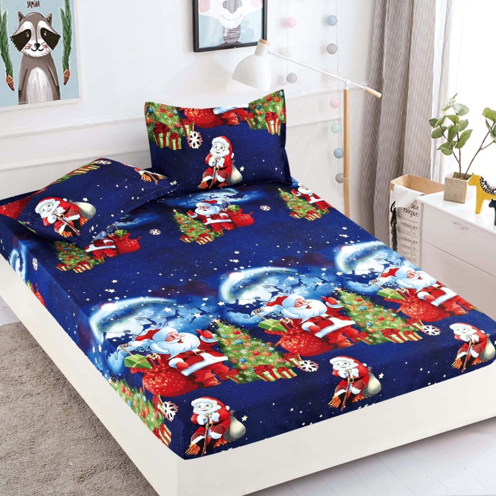 Cearsaf cu elastic, Bumbac FINET, 160/180x200cm, 2 fete de perne 50x70cm, Craciun, Jojo Home, Bleumarin, Mos Craciun