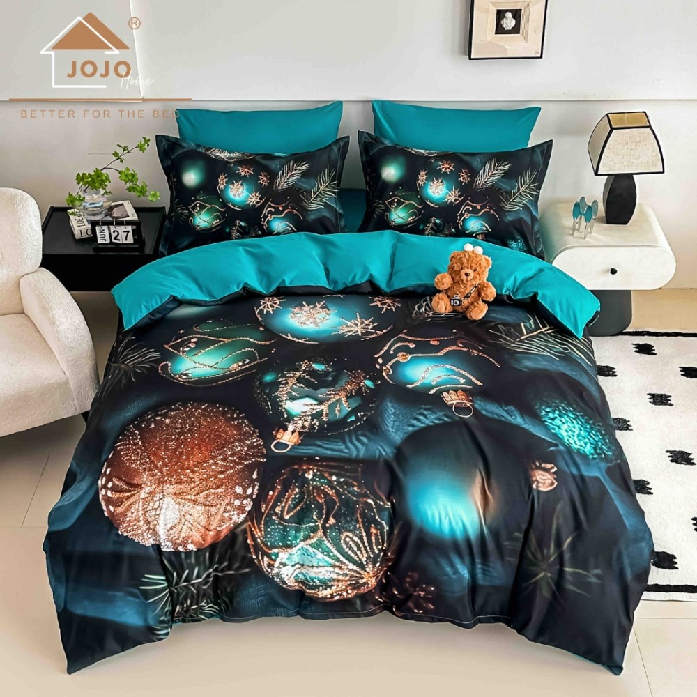 Lenjerie pat dublu, FINET, Imprimeu Digital 5D - Identic cu poza, Cu ELASTIC, 6 piese, Jojo Home, Turquoise, Globulete