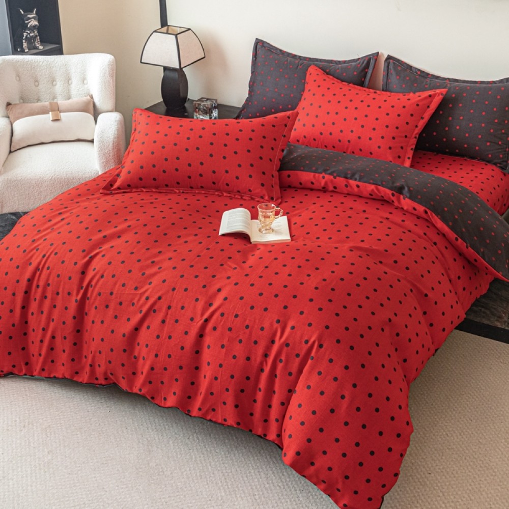 Lenjerie pat 1 PERSOANA,  FINET, 4 piese, Jojo Home, Rosu, Negru, Bulinute