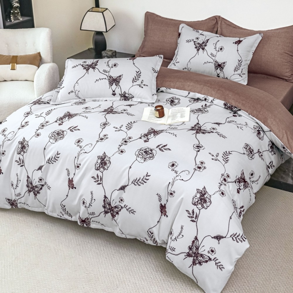 Lenjerie pat 1 PERSOANA,  FINET, 4 piese, Jojo Home, Gri, Maro, Flori