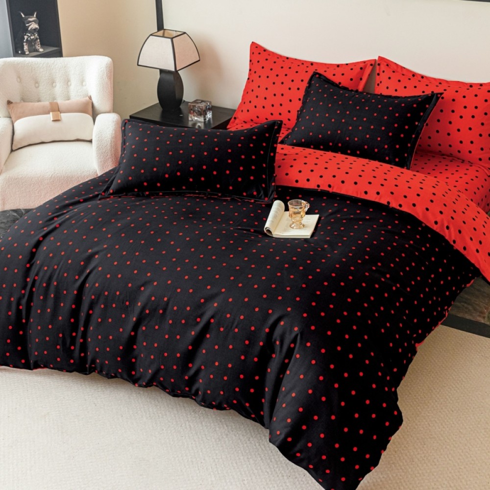 Lenjerie pat 1 PERSOANA,  FINET, 4 piese, Jojo Home, Negru, Rosu, Bulinute