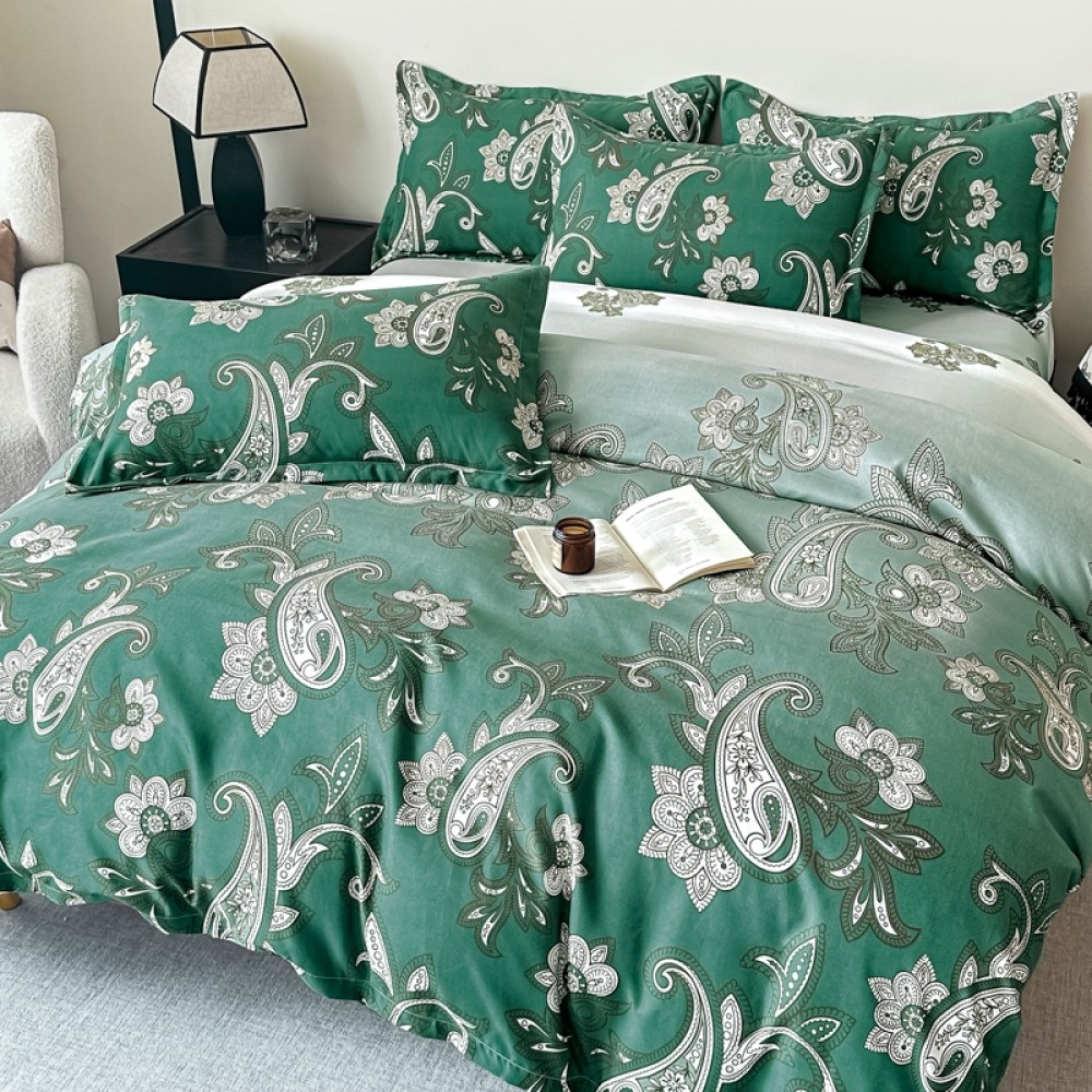 Lenjerie pat 1 PERSOANA,  FINET, 4 piese, Jojo Home, Verde, Model Tribal