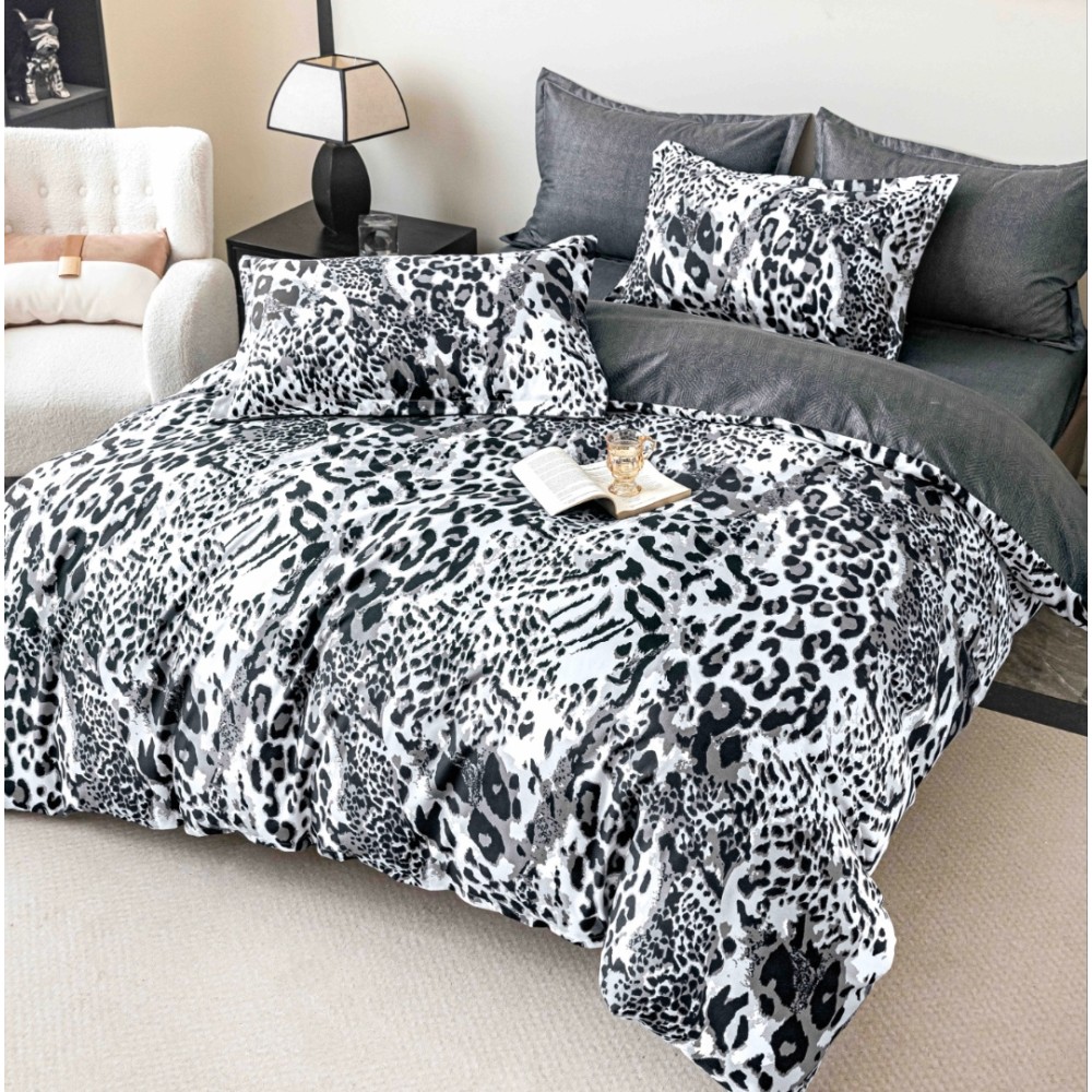 Lenjerie pat 1 PERSOANA,  FINET, 4 piese, Jojo Home, Alb, Gri, Animal Print