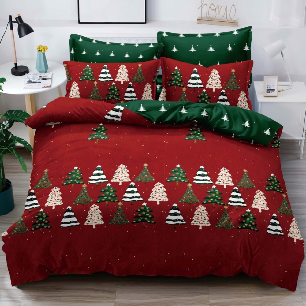 Lenjerie pat 1 PERSOANA,  FINET, 4 piese, Jojo Home, Craciun, Rosu, Verde, Braduti