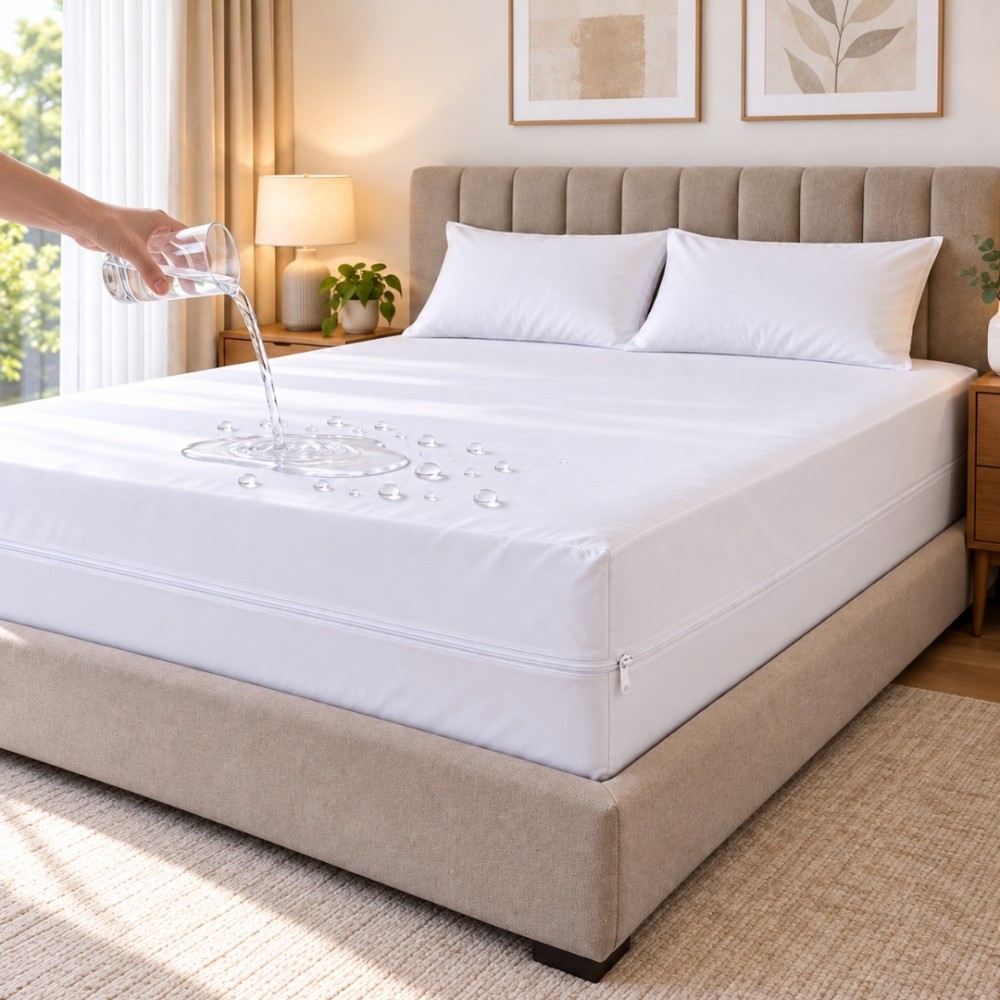 Husa Protectie Saltea Impermeabila cu Fermoar, 180x200 cm, Husa care imbraca salteaua complet, 100% Poliester, Alb