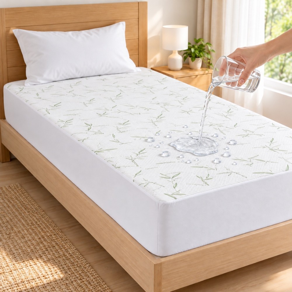 Protectie Saltea Impermeabila din Bambus, 90x200 cm, cu Elastic, Husa de Protectie cu Fibre de Bambus, Alb