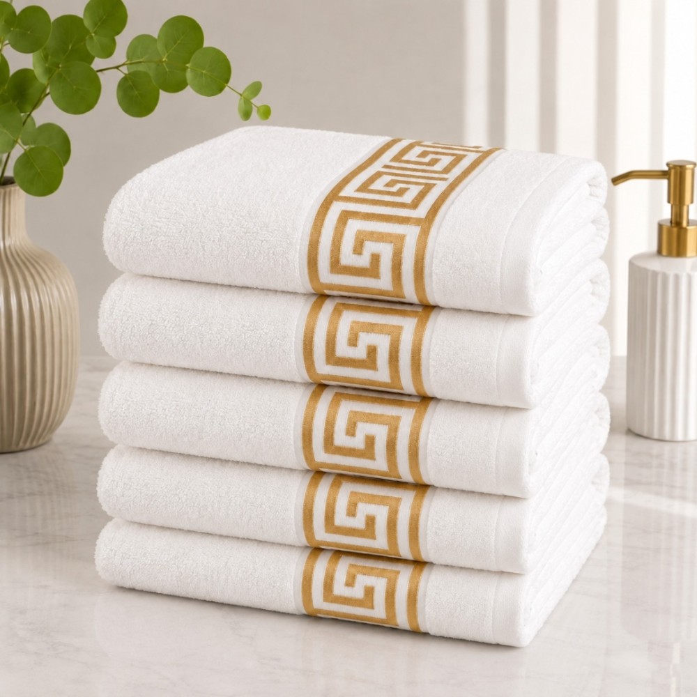 Set 5 prosoape medii, Greek Shinny, 50x90cm, din 100% bumbac pakistanez, 430g, Alb cu broderie aurie