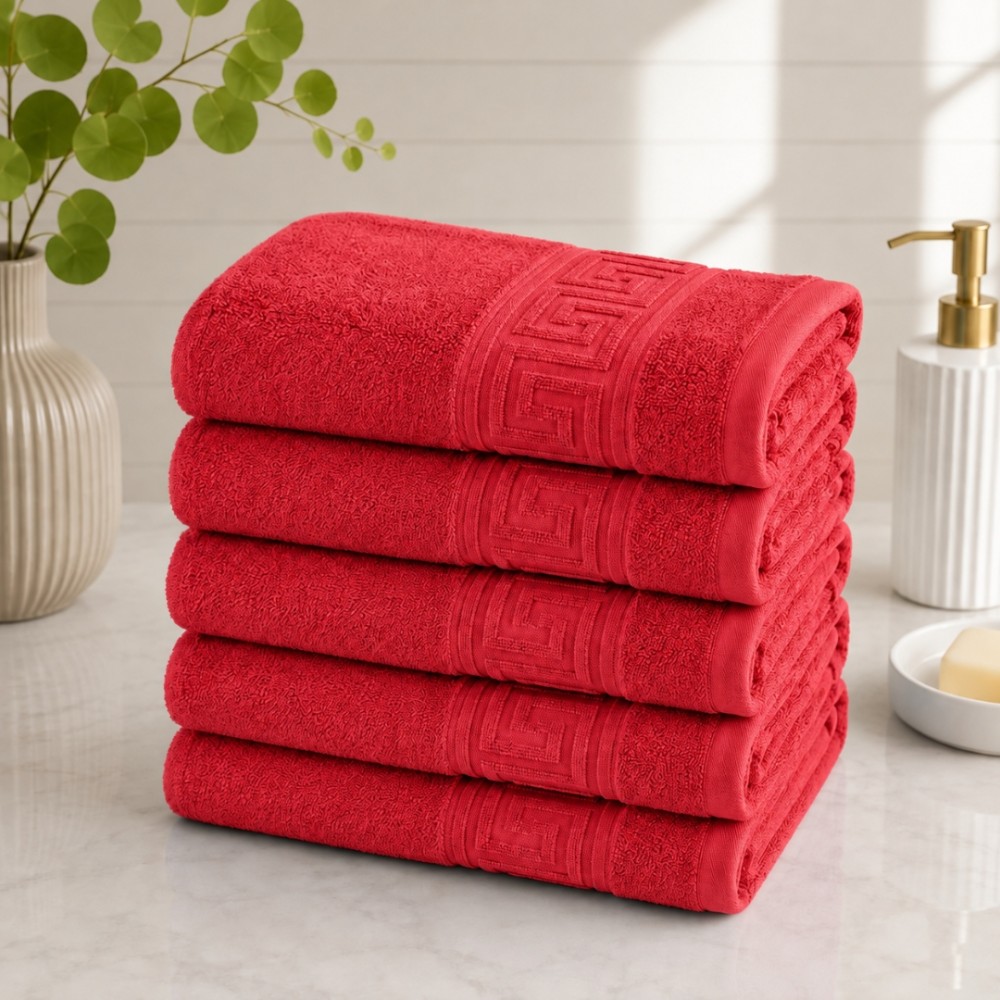 Set 5 prosoape mari, Greek Border, 50x90cm, din 100% bumbac pakistanez,  500g, Rosu