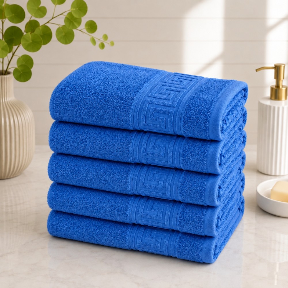Set 5 prosoape mari, Greek Border, 50x90cm, din 100% bumbac pakistanez,  500g, Albastru