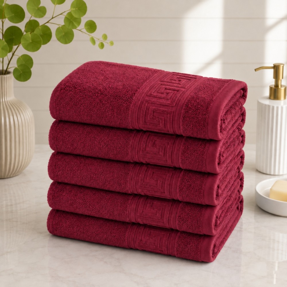 Set 5 prosoape mari, Greek Border, 50x90cm, din 100% bumbac pakistanez,  500g, Bordo