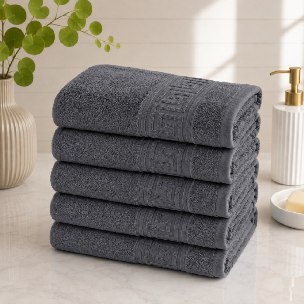Set 5 prosoape mari, Greek Border, 50x90cm, din 100% bumbac pakistanez,  500g, Gri antracit