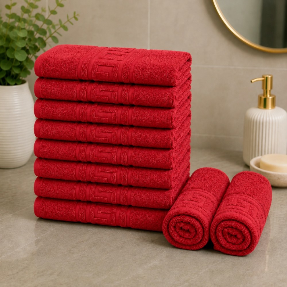 Set 10 prosoape mici, Greek Border, 30x50cm, din 100% bumbac pakistanez,  500g, Rosu