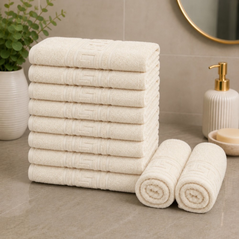 Set 10 prosoape mici, Greek Border, 30x50cm, din 100% bumbac pakistanez,  500g, Crem Unt