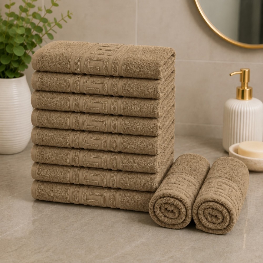 Set 10 prosoape mici, Greek Border, 30x50cm, din 100% bumbac pakistanez,  500g, Bej Maroniu