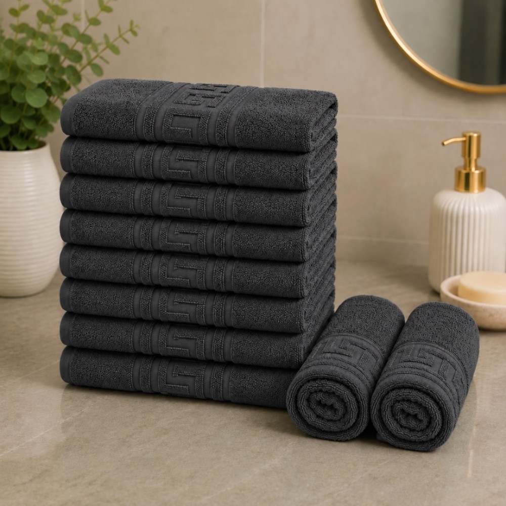 Set 10 prosoape mici, Greek Border, 30x50cm, din 100% bumbac pakistanez,  500g, Gri Antracit