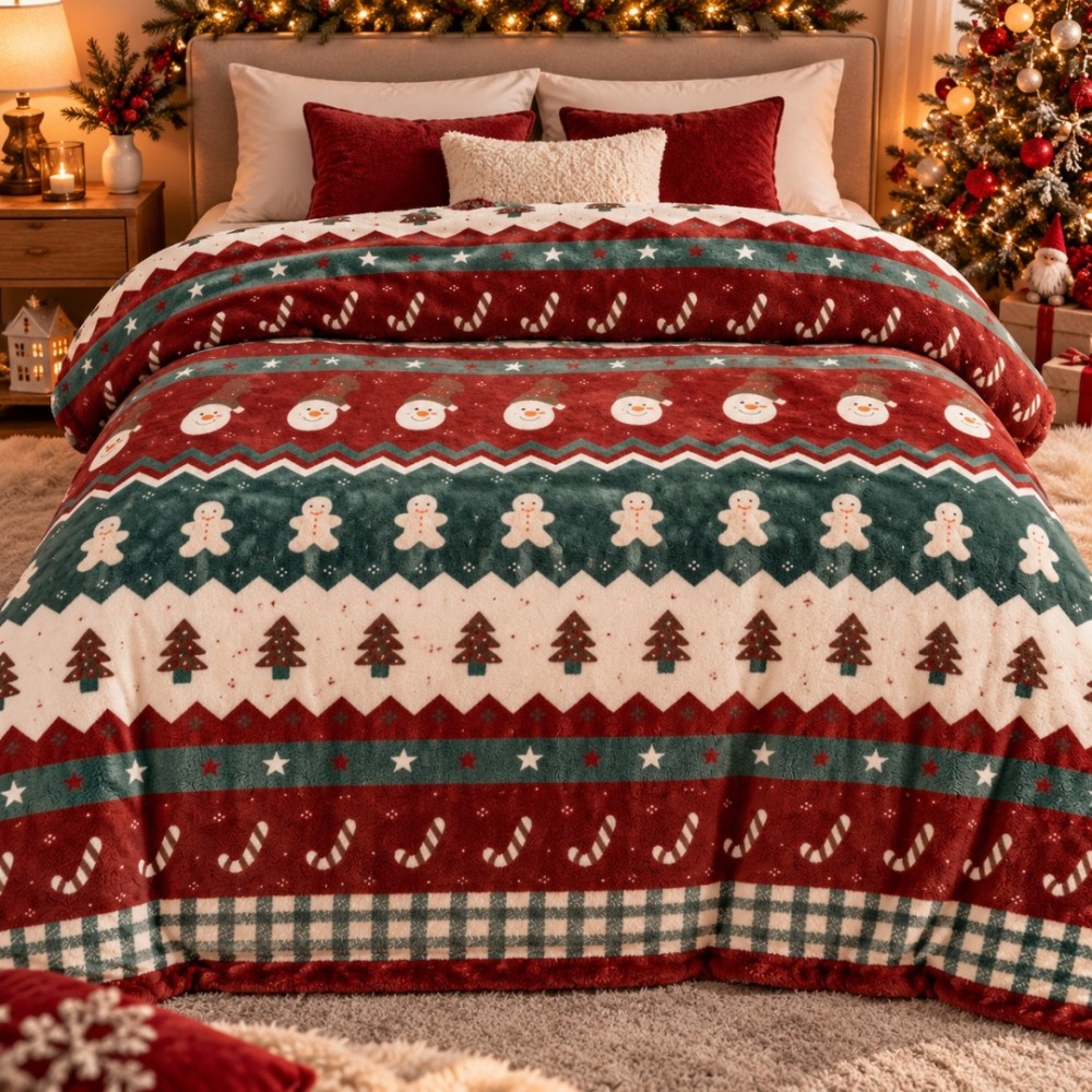Patura Pufoasa Cocolino, model de Craciun, 200x230 cm, 240 g/mp, Rosu, Verde, Alb, Decoratiuni