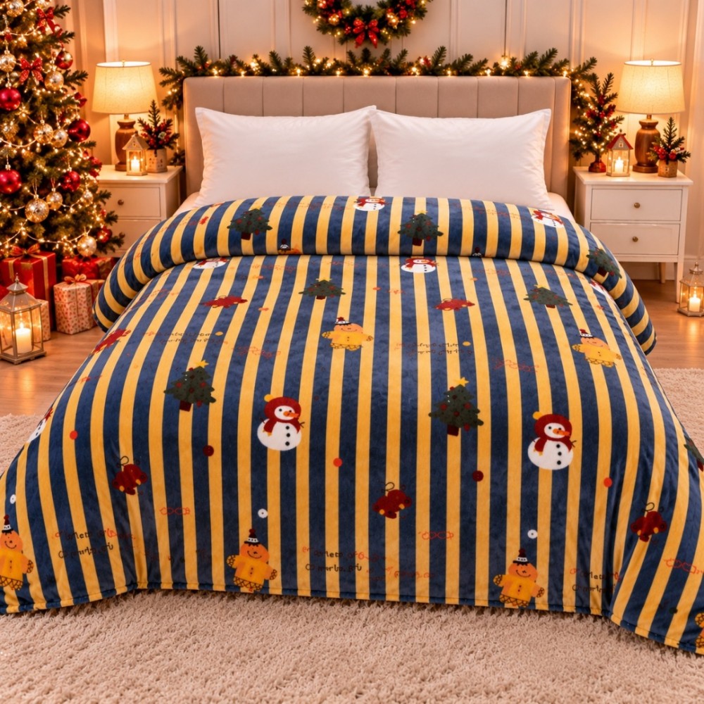 Patura Pufoasa Cocolino, model de Craciun, 200x230 cm, 240 g/mp, Bleumarin, Bej, Dungi si Decoratiuni